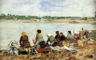 Laveuses au bord de la Touques von Eugene Boudin als Kunstdruck auf Leinwand
