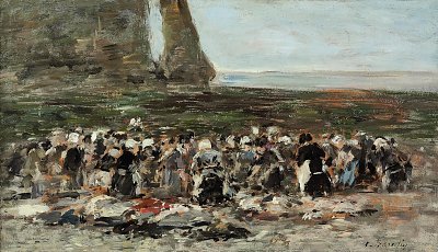Laveuses sur la plage, maree basse, falaise d Aval, Etretat von Eugene Boudin als Kunstdruck auf Leinwand