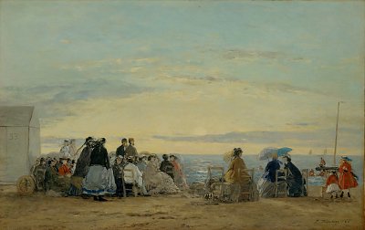 Sur la plage coucher de soleil von Eugene Boudin als Kunstdruck auf Leinwand