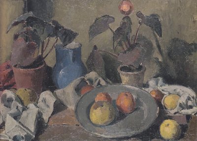 Stillleben mit Früchten Blattpflanzen und Krug von Felix Esterl als Kunstdruck auf Leinwand