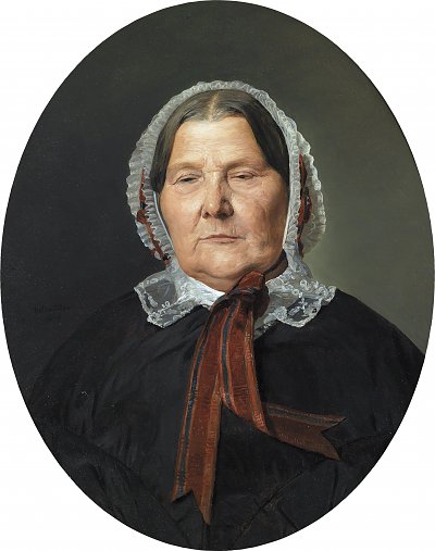 Alte Frau in schwarzem Kleid und weißer Rüschenhaube mit roten Bändern von Ferdinand-Georg-Waldmueller als Kunstdruck auf Leinwand