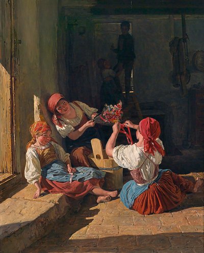 Kinder schmücken den Hut eines Konskribierten von Ferdinand Georg Waldmueller als Kunstdruck auf Leinwand