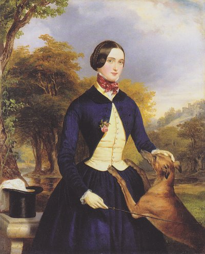Porträt einer Frau als Amazone, mit ihren Windhund von Ferdinand Georg Waldmueller als Kunstdruck auf Leinwand