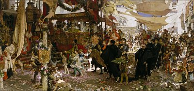 Cortejo del bautizo del Principe Don Juan hijo de los Reyes Católicos por las calles de Sevilla von Francisco Pradilla Y Ortiz als Kunstdruck auf Leinwand