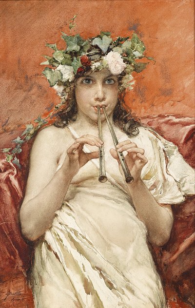 Floete spielender Knabe mit Efeu im Haar von Francisco Pradilla Y Ortiz als Kunstdruck auf Leinwand