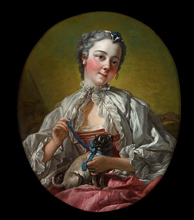 A young lady holding a pug dog von Francois Boucher als Kunstdruck auf Leinwand