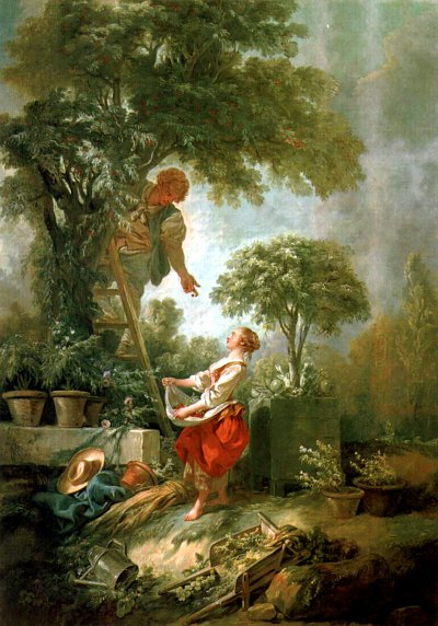 Landschaft mit Kirschpflueckerin von Francois Boucher als Kunstdruck auf Leinwand