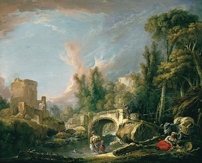 Paysage fluvial avec ruine et pont von Francois Boucher als Kunstdruck auf Leinwand
