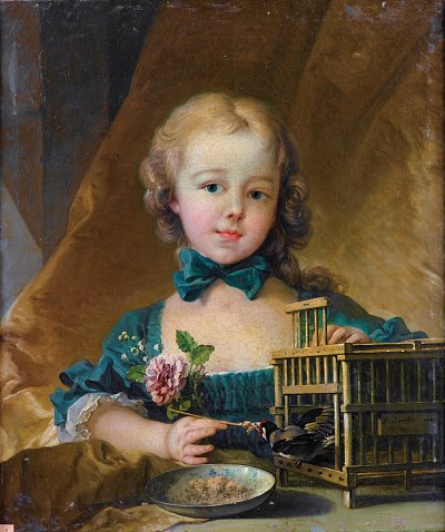 Portrait of Alexandrine L Normant d etiolles Playing with a Goldfinch von Francois Boucher als Kunstdruck auf Leinwand
