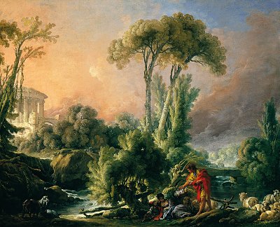 River Landscape with an Antique Temple Kunstdruck