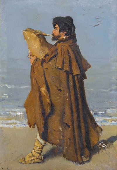 Italienischer Dudelsackbläser von Frank Buchser als Kunstdruck auf Leinwand