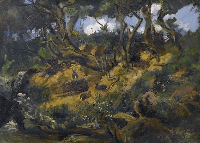 Waldböschung mit Kaninchen von Frank Buchser als Kunstdruck auf Leinwand