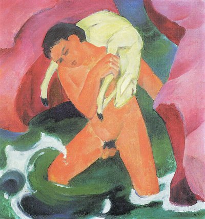 Der Hirte Knabe mit Lamm von Franz Marc als Kunstdruck auf Leinwand
