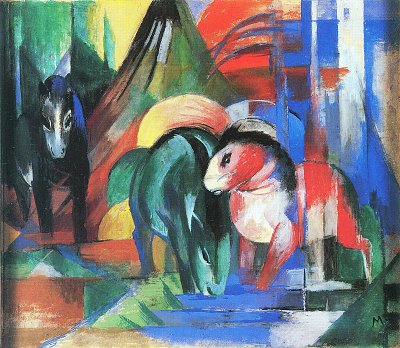 Drei Pferde an der Traenke von Franz Marc als Kunstdruck auf Leinwand
