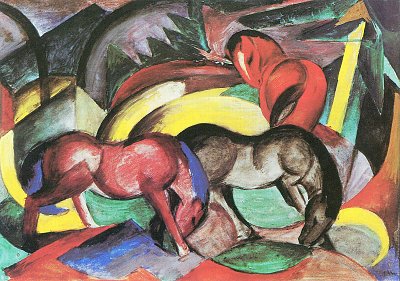 Drei Pferde von Franz Marc als Kunstdruck auf Leinwand