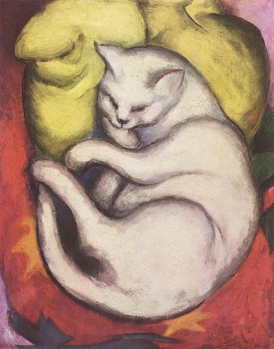 Kater auf gelbem Kissen von Franz Marc als Kunstdruck auf Leinwand