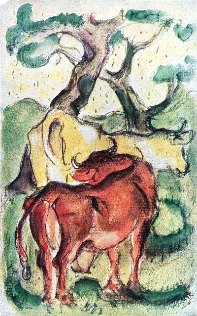 Kuehe unter Baeumen von Franz Marc als Kunstdruck auf Leinwand