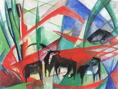 Landschaft mit schwarzen Pferden von Franz Marc als Kunstdruck auf Leinwand
