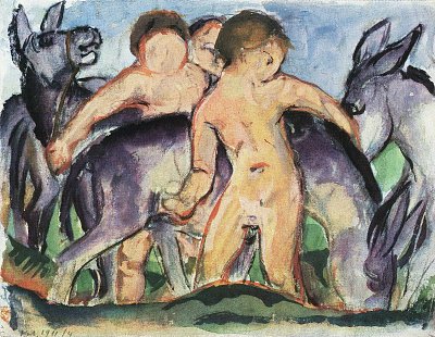 Nackte Knaben mit Esel spielend von Franz Marc als Kunstdruck auf Leinwand