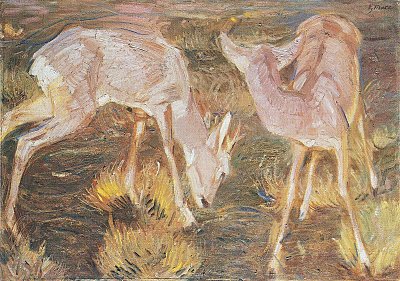 Rehe in der Daemmerung von Franz Marc als Kunstdruck auf Leinwand