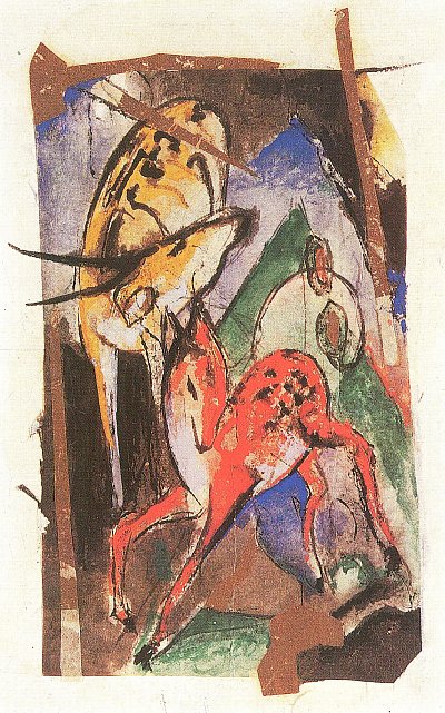 Rotes Reh und gelbe Antilope von Franz Marc als Kunstdruck auf Leinwand