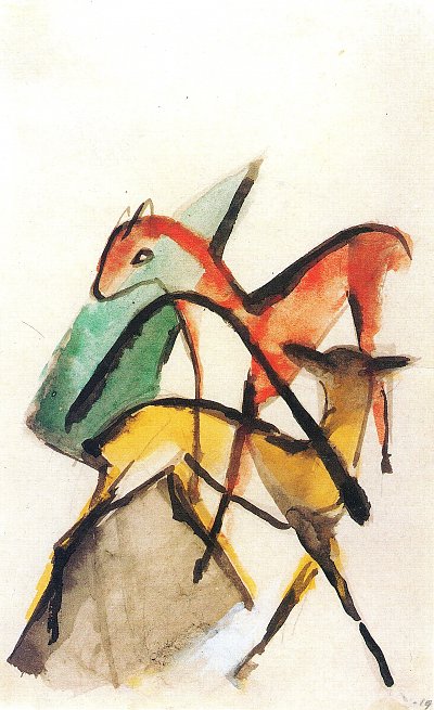 Rotes und gelbes Reh von Franz Marc als Kunstdruck auf Leinwand