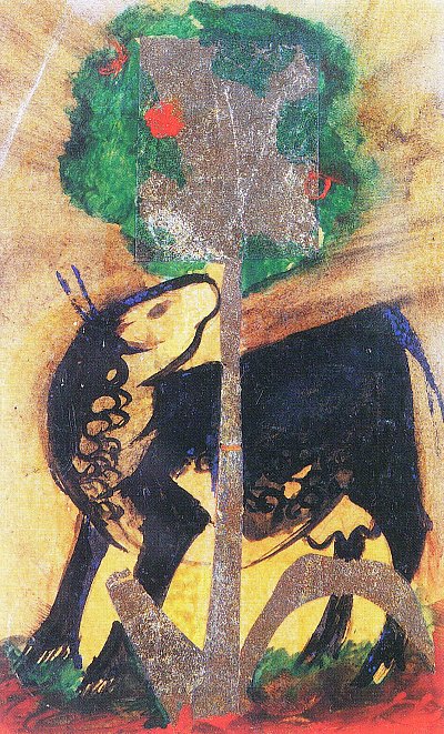 Schwarze Kuh hinter Baum von Franz Marc als Kunstdruck auf Leinwand