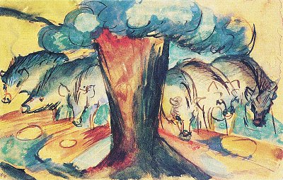 Schweine unter einem Baum von Franz Marc als Kunstdruck auf Leinwand