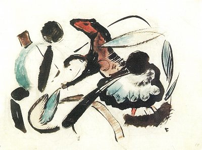 Springendes Pferd mit pflanzlichen Formen von Franz Marc als Kunstdruck auf Leinwand