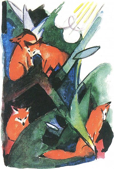 Vier Fuechse 2 von Franz Marc als Kunstdruck auf Leinwand
