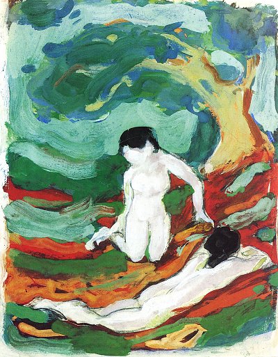 Zwei Akte unter Baeumen von Franz Marc als Kunstdruck auf Leinwand