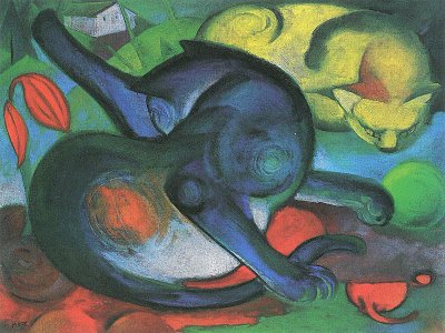 Zwei Katzen blau und gelb von Franz Marc als Kunstdruck auf Leinwand