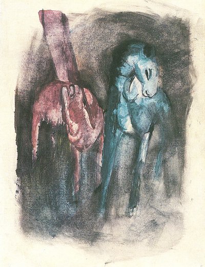 Zwei Pferde eines klagend von Franz Marc als Kunstdruck auf Leinwand