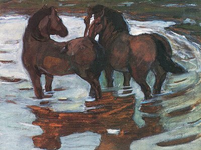 Zwei Pferde in der Schwemme von Franz Marc als Kunstdruck auf Leinwand