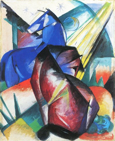 Zwei Pferde rot blau von Franz Marc als Kunstdruck auf Leinwand