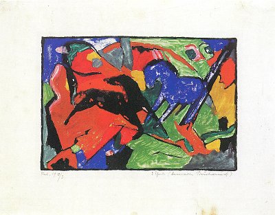 Zwei Pferde von Franz Marc als Kunstdruck auf Leinwand