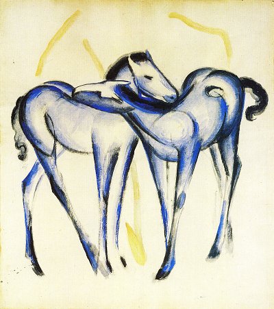 Zwei blaue Fohlen von Franz Marc als Kunstdruck auf Leinwand