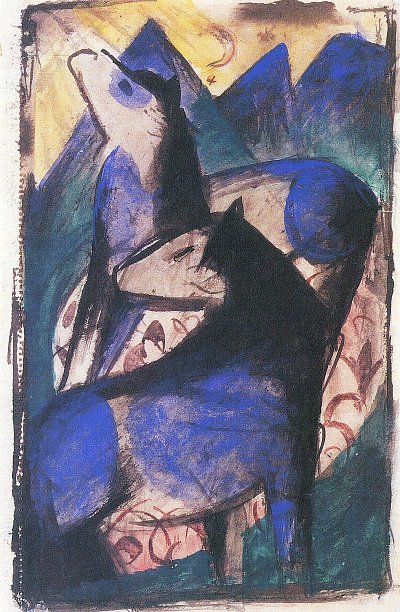 Zwei blaue Pferde von Franz Marc als Kunstdruck auf Leinwand