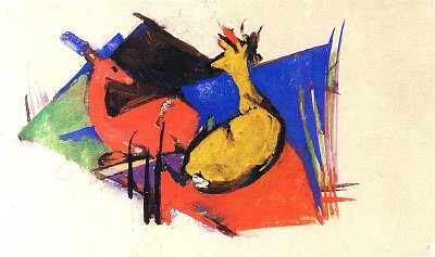 Zwei liegende Rehe von Franz Marc als Kunstdruck auf Leinwand