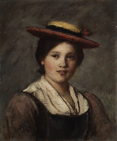 Tiroler Dirndl mit Strohhut von Franz Defregger als Kunstdruck auf Leinwand