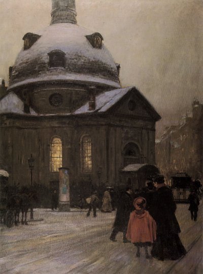 Böhmische Kirche am Heiligen Abend von Franz Skarbina als Kunstdruck auf Leinwand