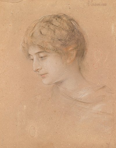 Portrait einer jungen Frau im Halbprofil von Franz-von-Lenbach als Kunstdruck auf Leinwand