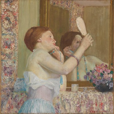 Frau mit einem Spiegel von Frederick Carl Frieseke als Kunstdruck auf Leinwand