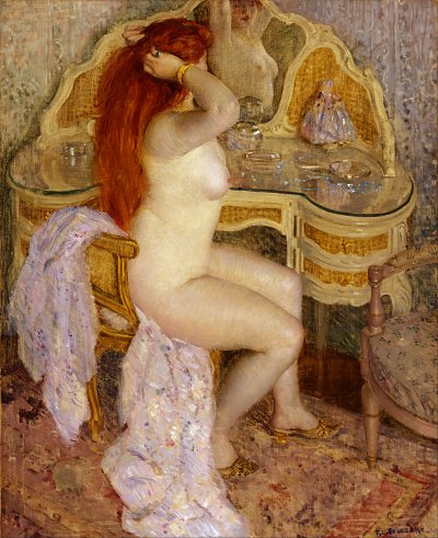 Nackte sitzend vor frisierkommode von Frederick Carl Frieseke als Kunstdruck auf Leinwand