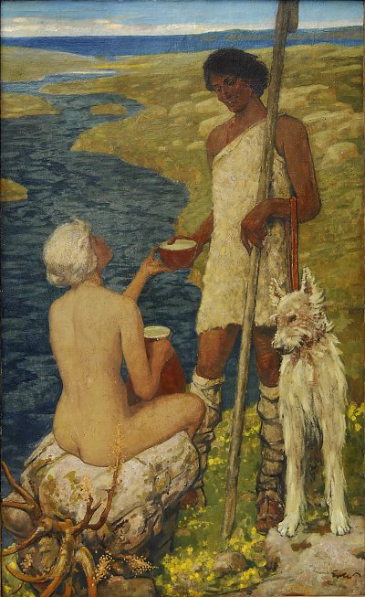 Begegnung am Fluss von Fritz Erler als Kunstdruck auf Leinwand