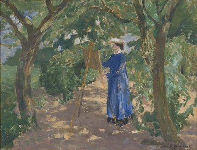 Hermine in blauer Malschürze von Fritz Overbeck als Kunstdruck auf Leinwand