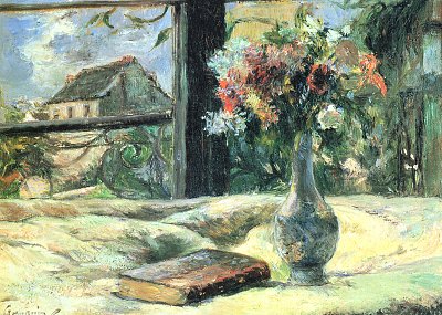 Blumenvase am Fenster von Gauguin als Kunstdruck auf Leinwand
