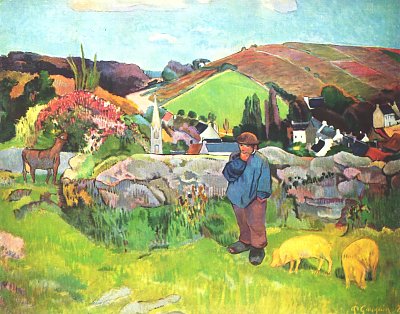 Bretonische Landschaft mit Schweinehirt von Gauguin als Kunstdruck auf Leinwand