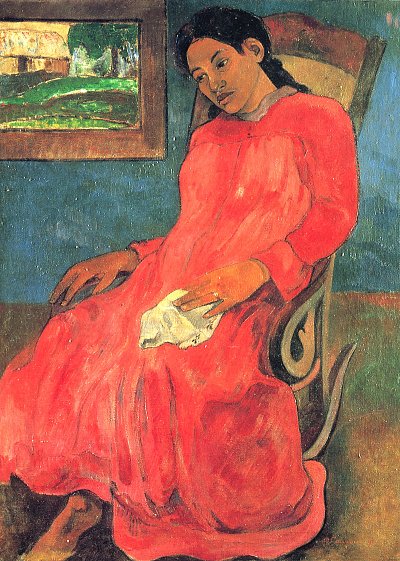 Frau im roten Kleid von Gauguin als Kunstdruck auf Leinwand