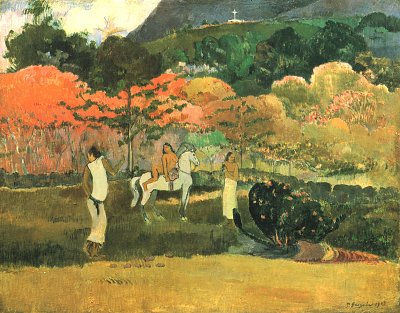 Frauen und Schimmel von Gauguin als Kunstdruck auf Leinwand